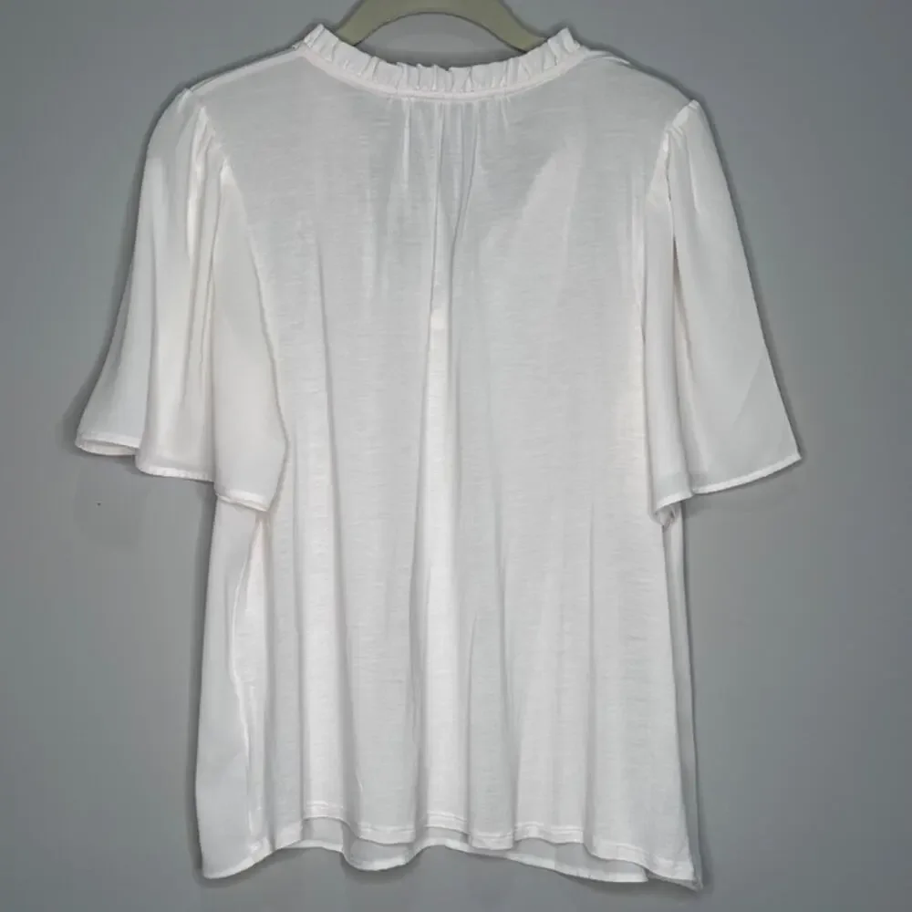 Ann Taylor LOFT Ruffle Tie Neck Mixed Media Top,  Size Small - Picture 3 of 9